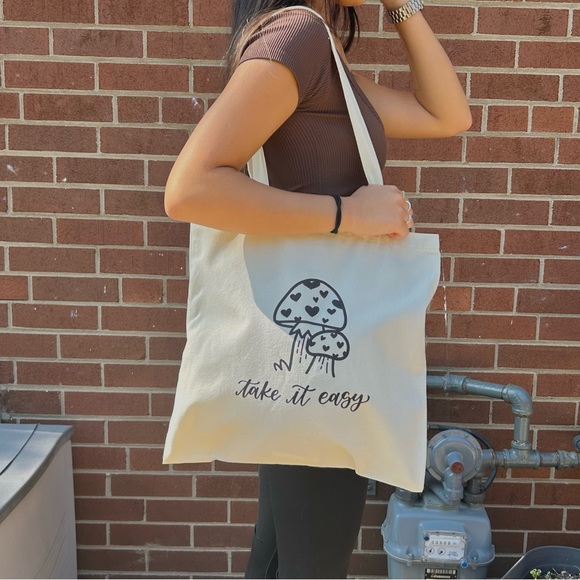“Take it easy” mushroom love canvas cotton tote bag - Picture 2 of 3